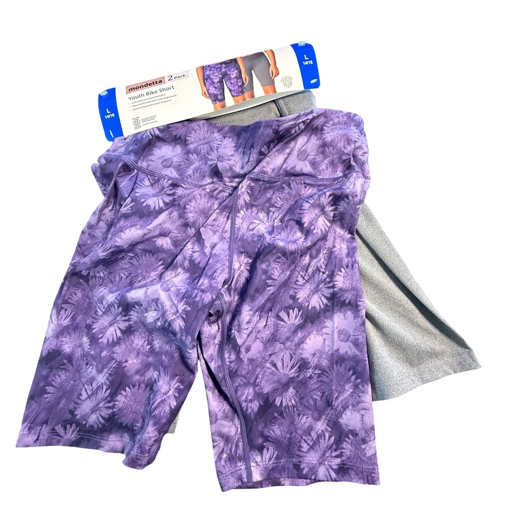 Mondetta Youth Bike Shorts 2 Pack Purple Floral Gray Size L 14/16 Athletic New